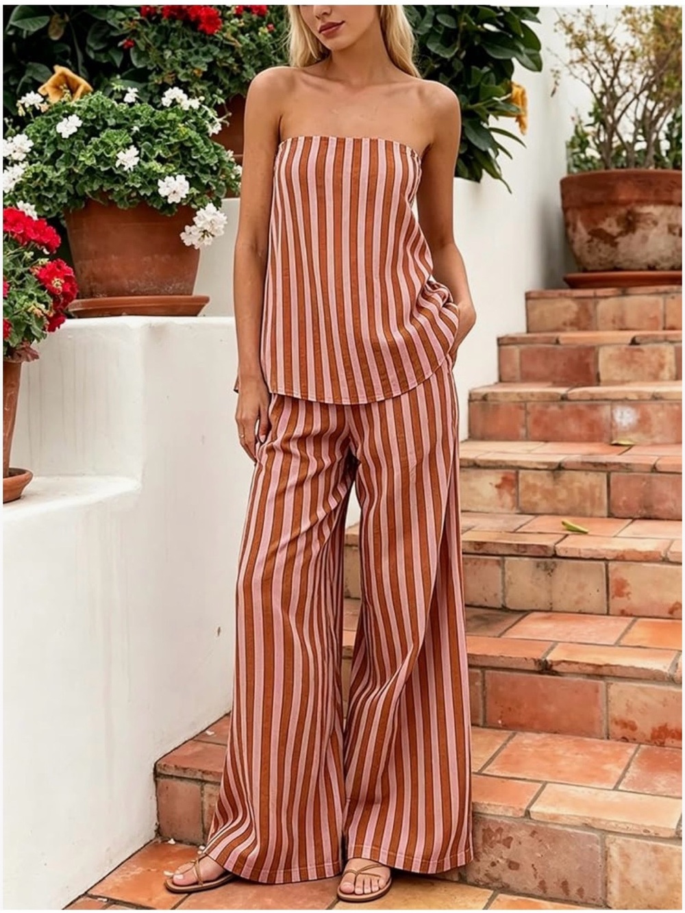 Amazon Striped Strapless Wide-Leg Pant set in Rust and Cream New no tags